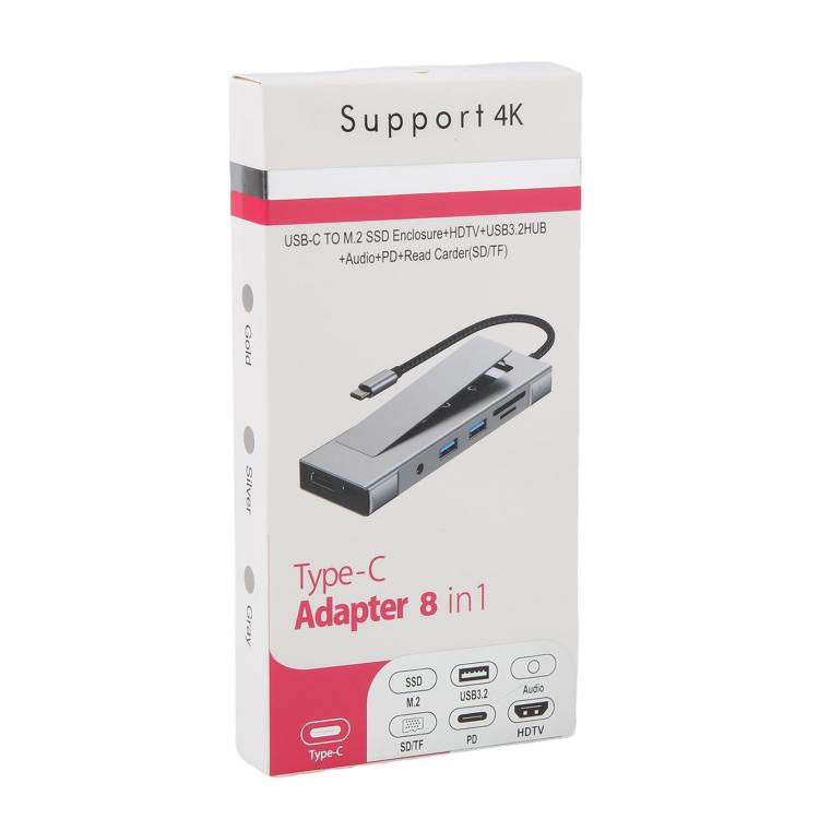 8 in 1 HUB USB-C to M.2 SSD Enclosure + HDTV + 2 x USB 3.2+ Audio + PD + SD/TF Card Reader