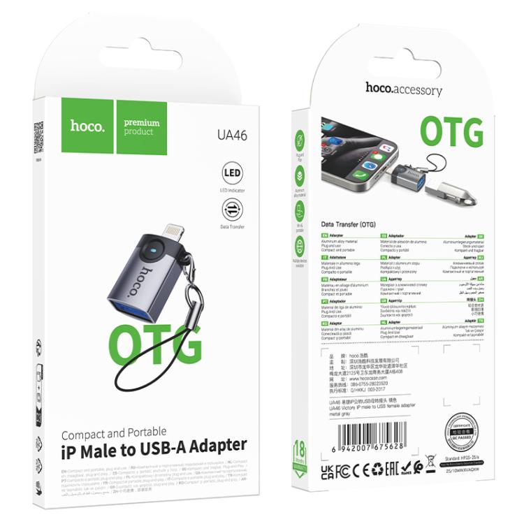 hoco Victory UA46 8 Pin Male to USB Female Adapter - Metal Gray