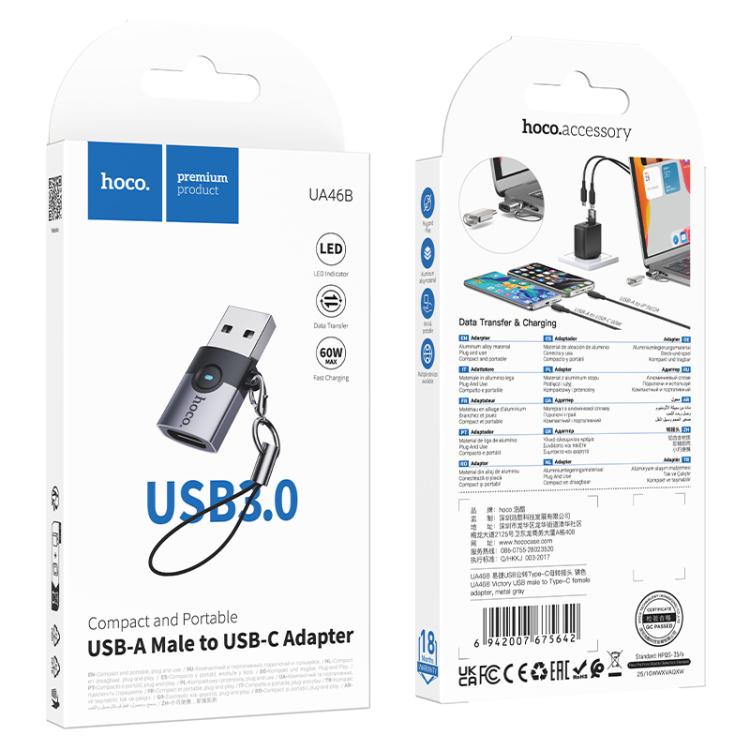 hoco Victory UA46B USB Male to USB-C / Type-C Female Adapter - Metal Gray