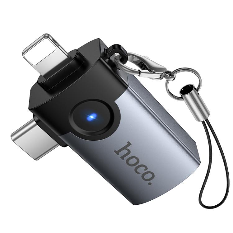 hoco Victory UA46D 2 in 1 8 Pin and USB-C / Type-C Male to USB Female Adapter - Metal Gray