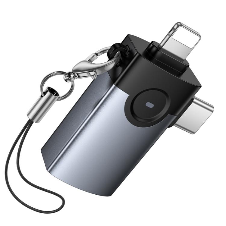 hoco Victory UA46D 2 in 1 8 Pin and USB-C / Type-C Male to USB Female Adapter - Metal Gray