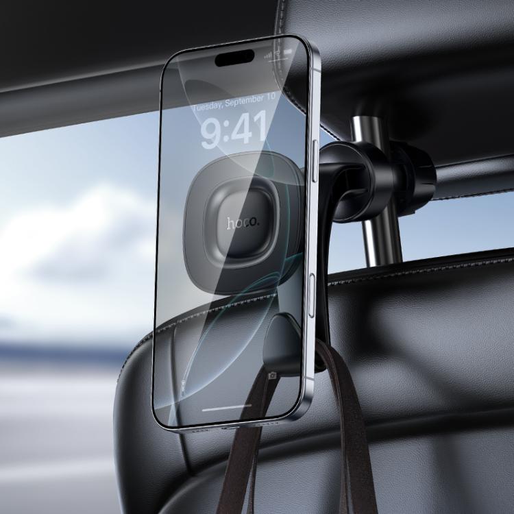 hoco H99 Crown Ring Magnetic Car Headrest Phone Holder with Hook - Black