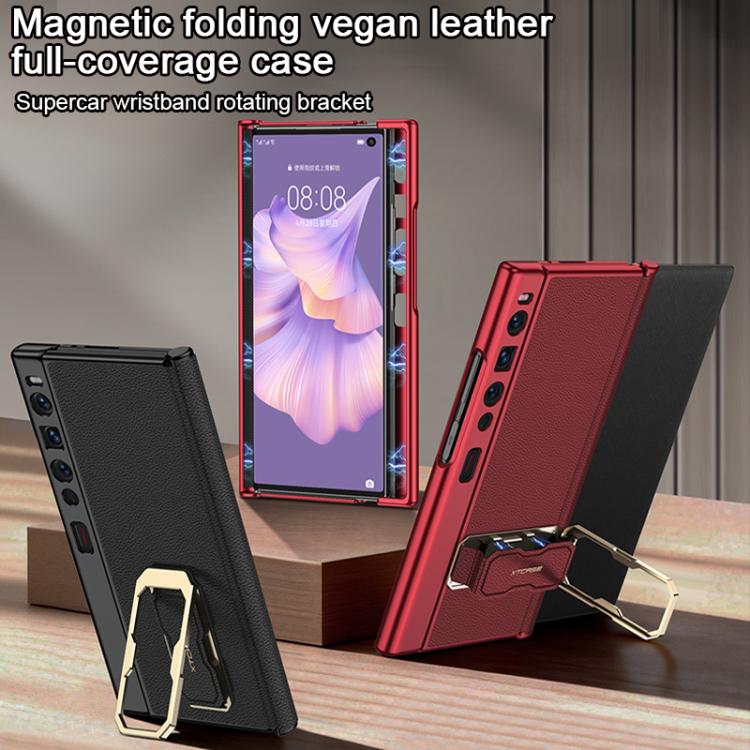 For Huawei Mate Xs 2 GKK Magnetic Folding Vegan Leather Phone Case with Supercar Wristband Rotating Holder