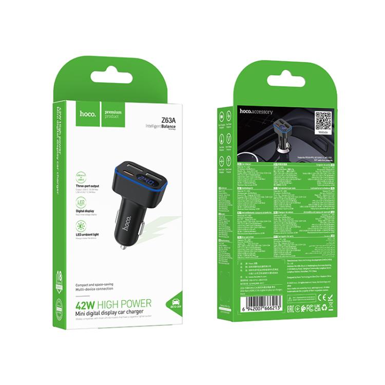 hoco Z63A Barry 42W USB-A x 2 and Type-C Digital Display Car Charger - Black