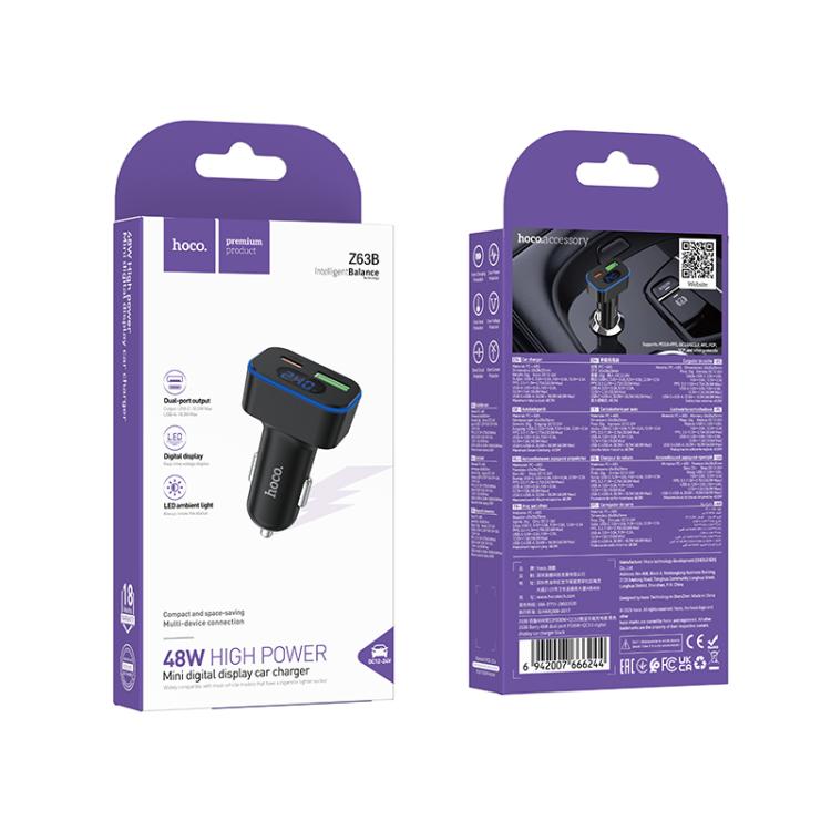 hoco Z63B Barry 48W QC3.0 USB-A and PD30W Type-C Digital Display Car Charger - Black