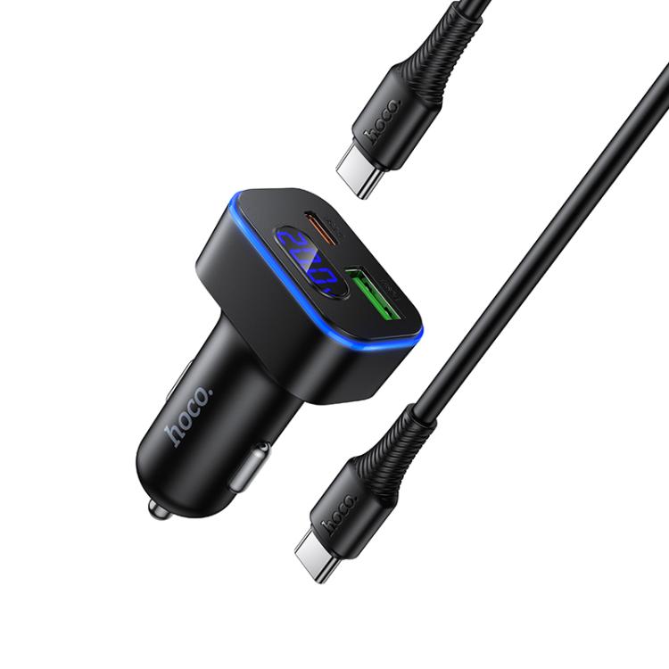 hoco Z63B Barry 48W QC3.0 USB-A and PD30W Type-C Digital Display Car Charger with 1m Type-C to Type-C Cable - Black