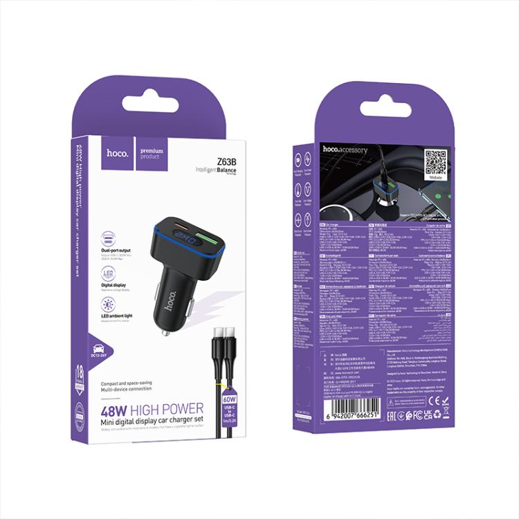 hoco Z63B Barry 48W QC3.0 USB-A and PD30W Type-C Digital Display Car Charger with 1m Type-C to Type-C Cable - Black