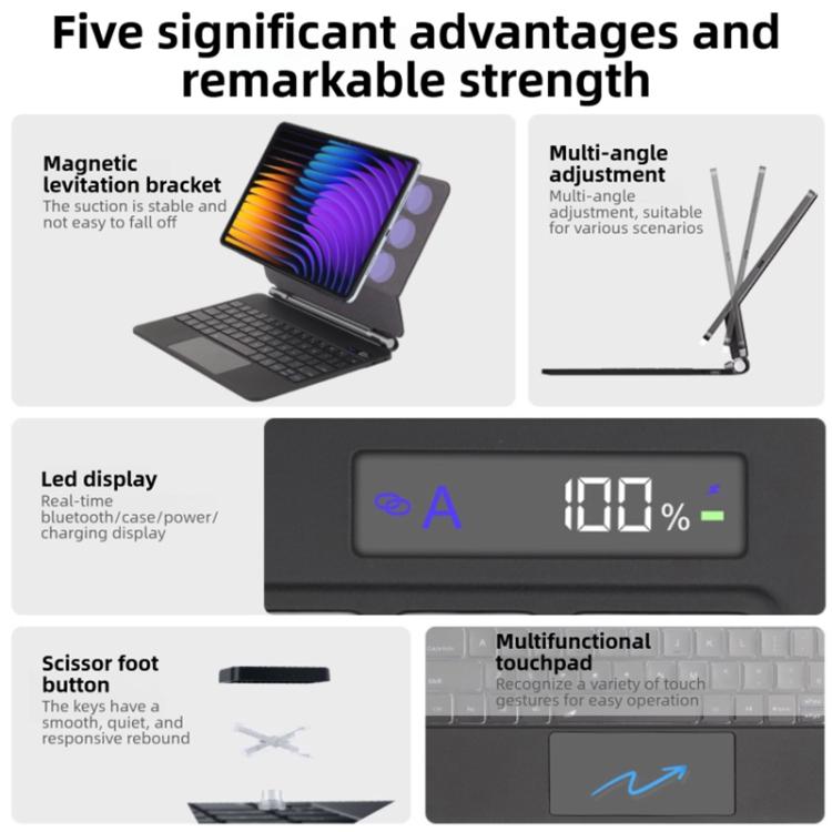 For Xiaomi Poco Pad X1 / Pad 8 / 8 Pro Floating Magnetic Bluetooth Keyboard Leather Tablet Case - Black