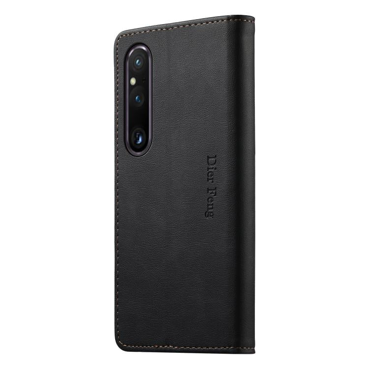 For Sony Xperia 1 V Dierfeng Metal Snap Magnetic RFID Vegan Leather Phone Case