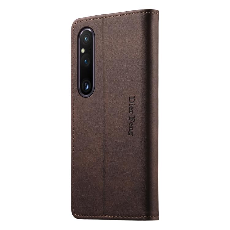 For Sony Xperia 1 V Dierfeng Metal Snap Magnetic RFID Vegan Leather Phone Case