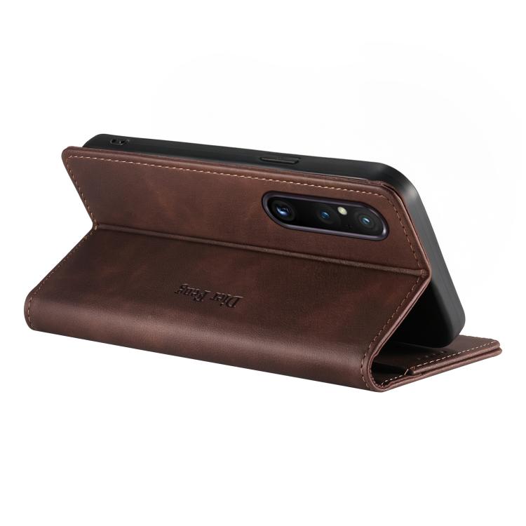 For Sony Xperia 1 V Dierfeng Metal Snap Magnetic RFID Vegan Leather Phone Case