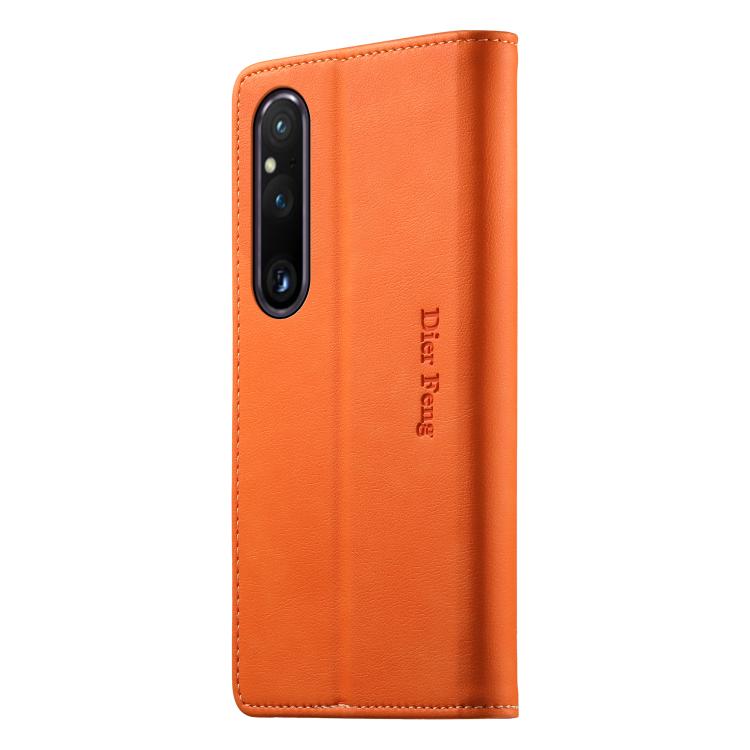 For Sony Xperia 1 V Dierfeng Metal Snap Magnetic RFID Vegan Leather Phone Case