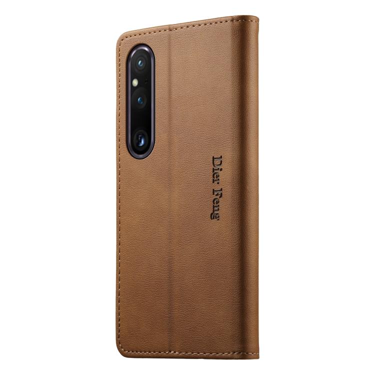 For Sony Xperia 1 V Dierfeng Metal Snap Magnetic RFID Vegan Leather Phone Case