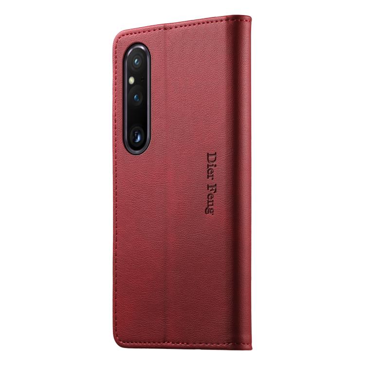 For Sony Xperia 1 V Dierfeng Metal Snap Magnetic RFID Vegan Leather Phone Case