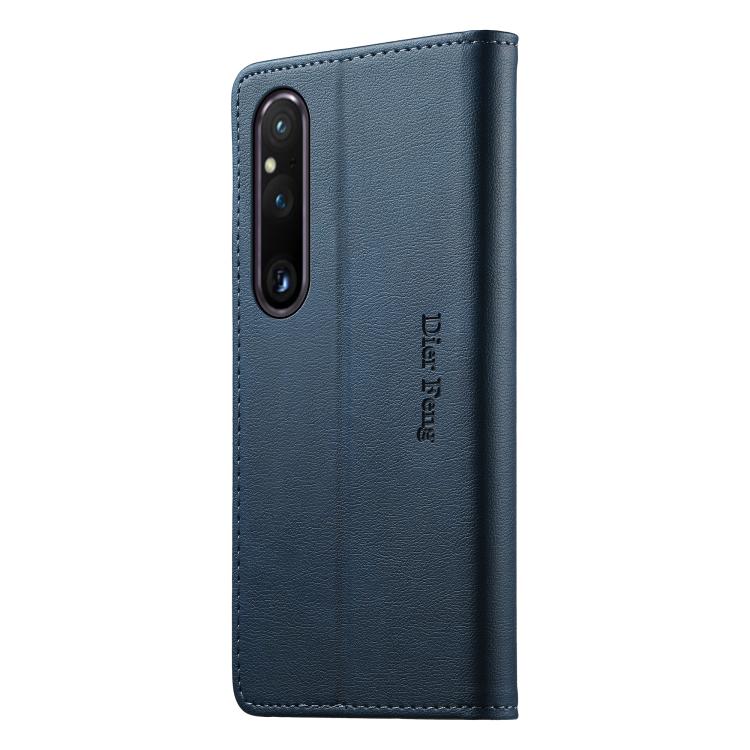 For Sony Xperia 1 V Dierfeng Metal Snap Magnetic RFID Vegan Leather Phone Case