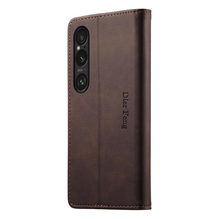 For Sony Xperia 1 VI Dierfeng Metal Snap Magnetic RFID Vegan Leather Phone Case