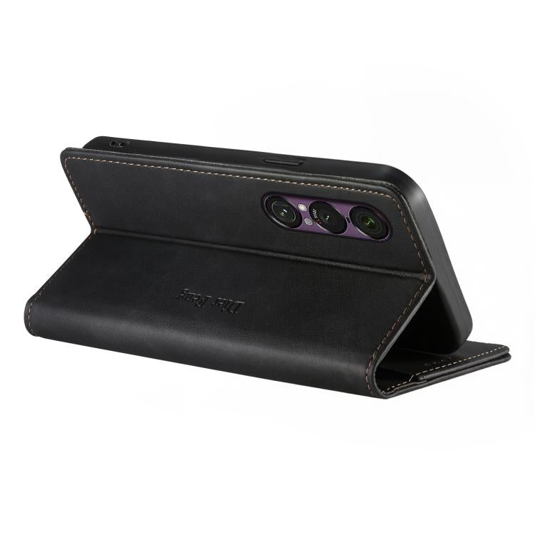 For Sony Xperia 1 VII Dierfeng Metal Snap Magnetic RFID Vegan Leather Phone Case