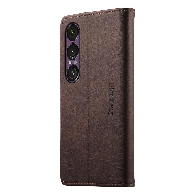 For Sony Xperia 1 VII Dierfeng Metal Snap Magnetic RFID Vegan Leather Phone Case