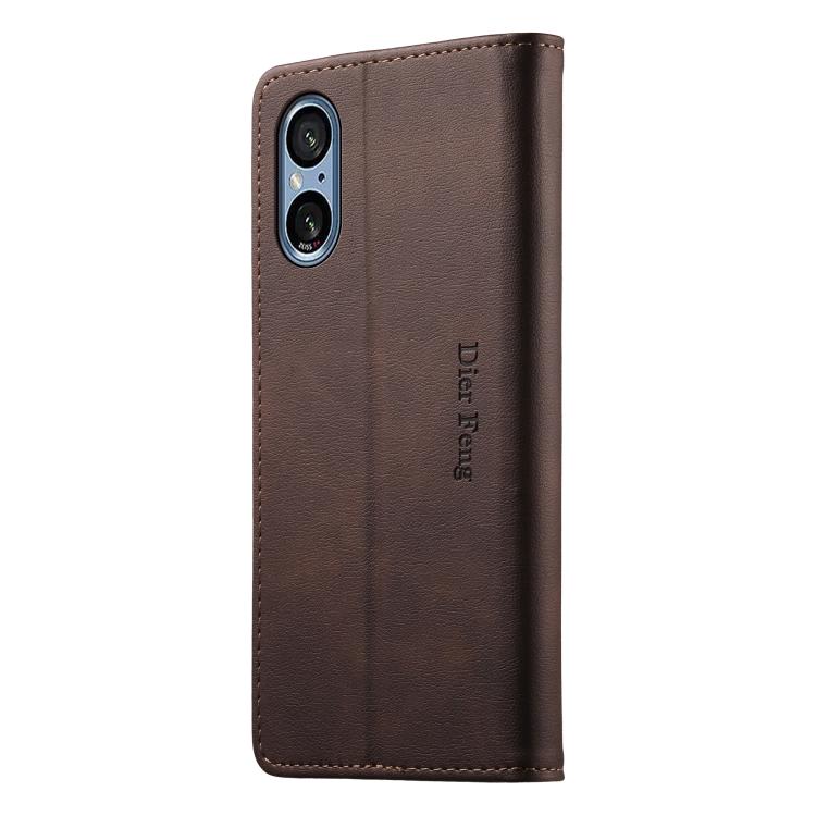 For Sony Xperia 5 V Dierfeng Metal Snap Magnetic RFID Vegan Leather Phone Case
