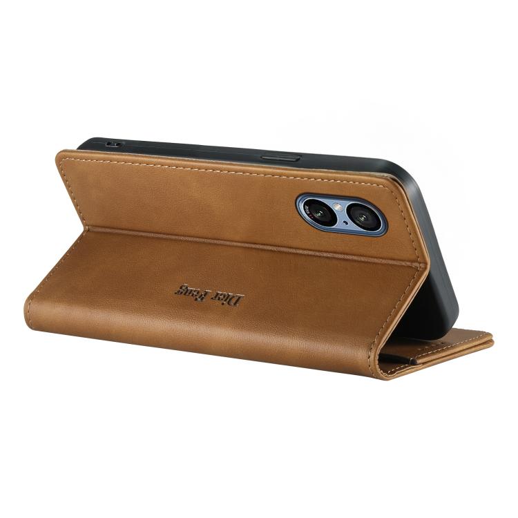 For Sony Xperia 5 V Dierfeng Metal Snap Magnetic RFID Vegan Leather Phone Case