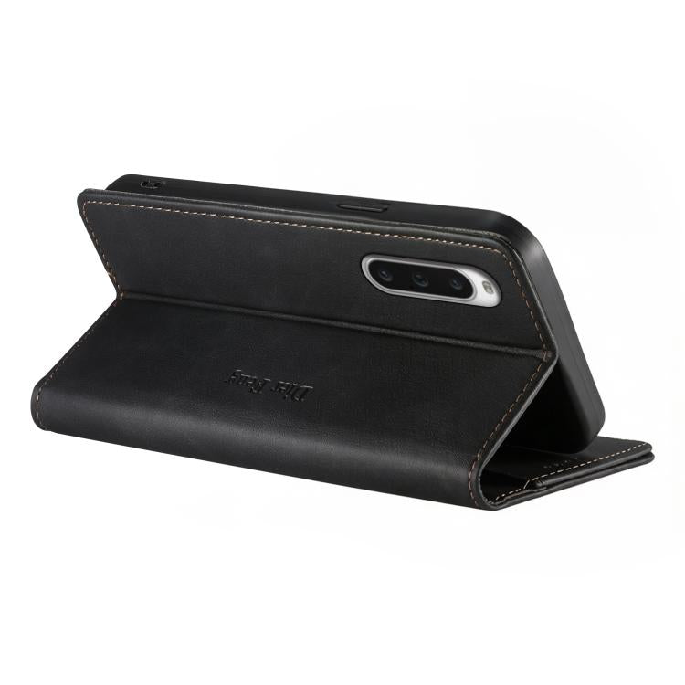 For Sony Xperia 10 V Dierfeng Metal Snap Magnetic RFID Vegan Leather Phone Case