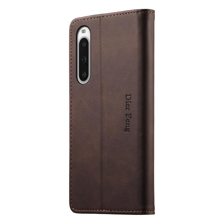 For Sony Xperia 10 V Dierfeng Metal Snap Magnetic RFID Vegan Leather Phone Case