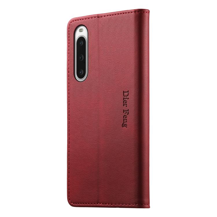 For Sony Xperia 10 V Dierfeng Metal Snap Magnetic RFID Vegan Leather Phone Case