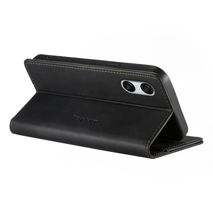 For Sony Xperia 10 VI Dierfeng Metal Snap Magnetic RFID Vegan Leather Phone Case