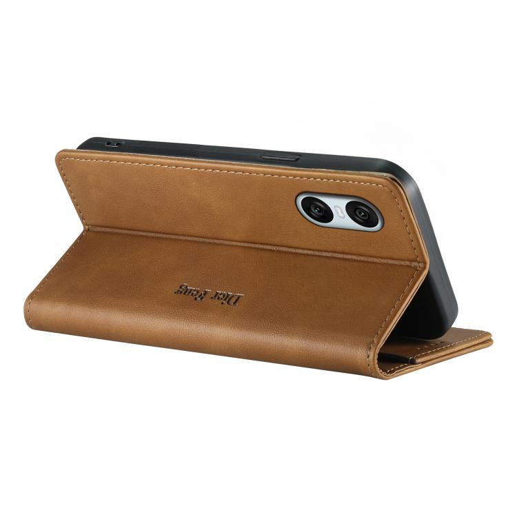 For Sony Xperia 10 VI Dierfeng Metal Snap Magnetic RFID Vegan Leather Phone Case