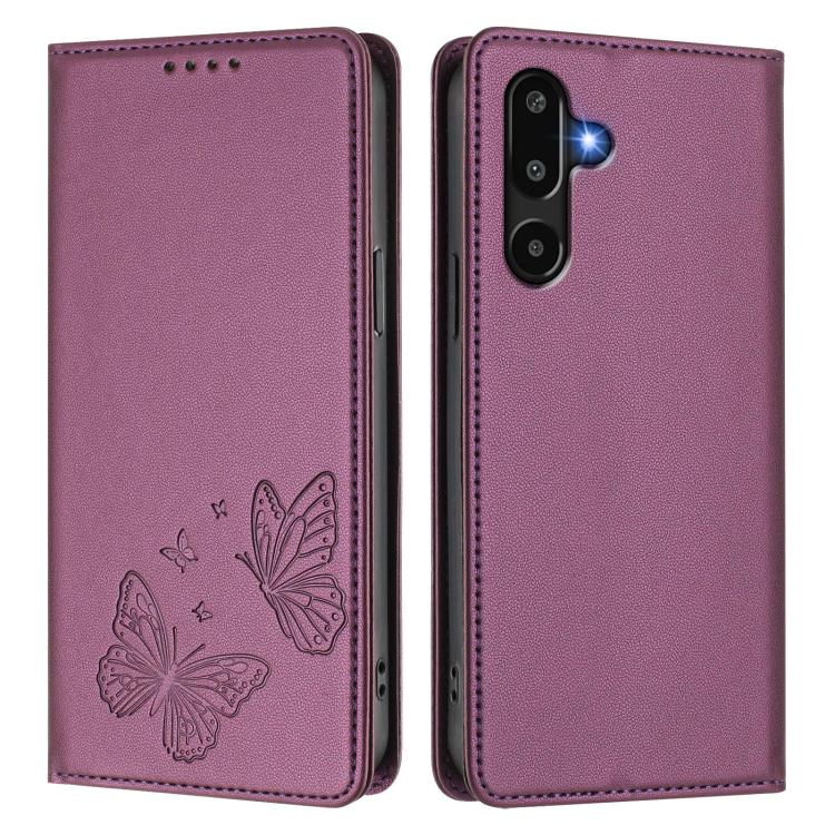 For Samsung Galaxy M16 5G / F16 5G Strong Magnetic Dual Butterfly RFID Vegan Leather Phone Case