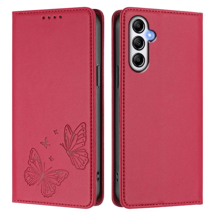 For Samsung Galaxy M14 5G Strong Magnetic Dual Butterfly RFID Vegan Leather Phone Case