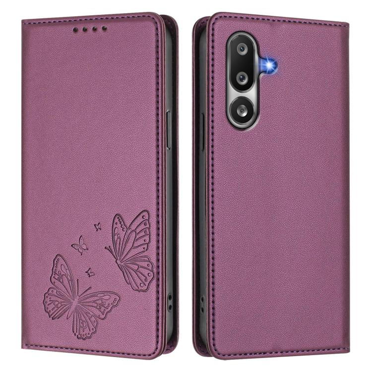 For Samsung Galaxy M36 5G Strong Magnetic Dual Butterfly RFID Vegan Leather Phone Case