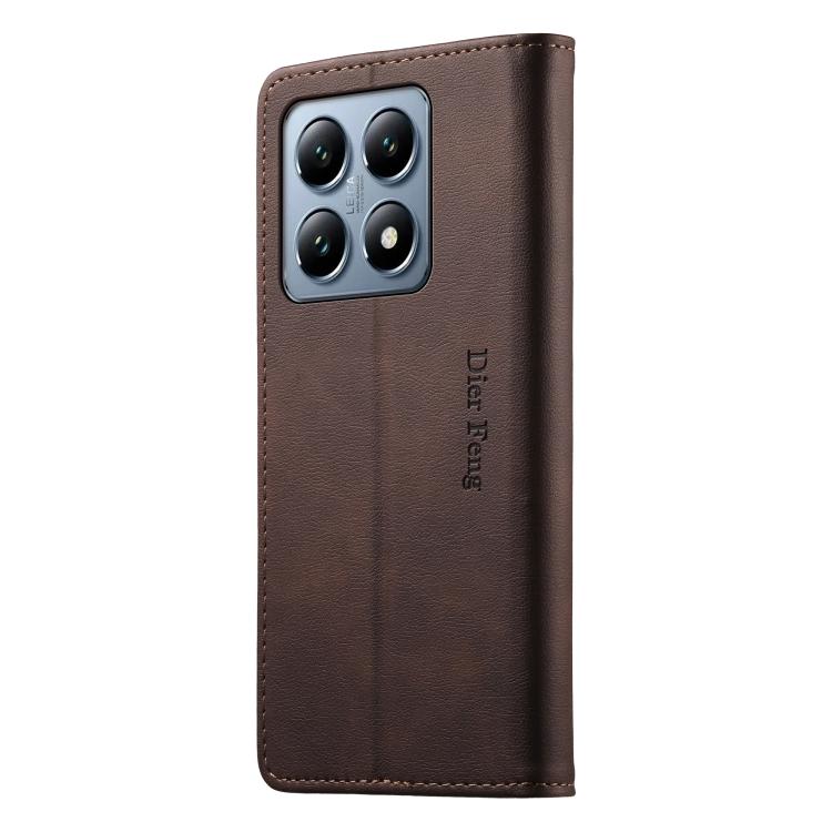 For Xiaomi 14T Pro Dierfeng Metal Snap Magnetic RFID Vegan Leather Phone Case