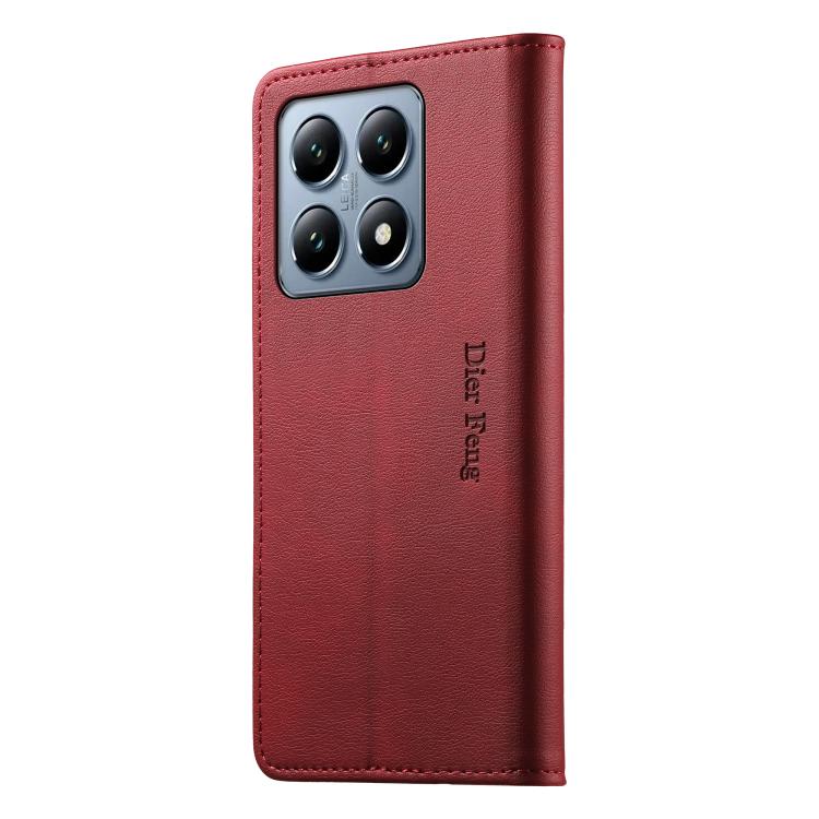For Xiaomi 14T Pro Dierfeng Metal Snap Magnetic RFID Vegan Leather Phone Case