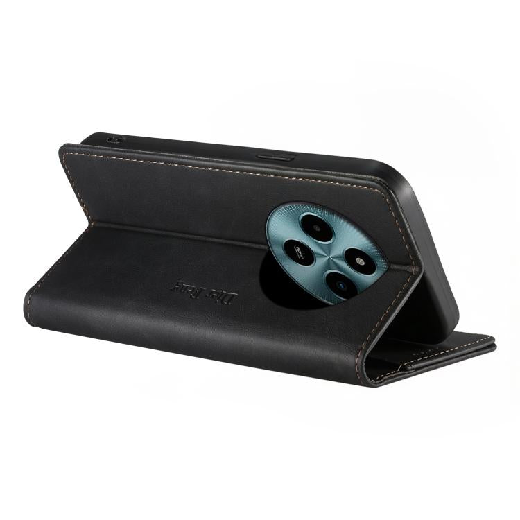 For Xiaomi Poco M7 5G Dierfeng Metal Snap Magnetic RFID Vegan Leather Phone Case
