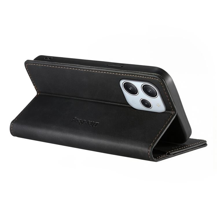 For Redmi 12 / Note 12R / Poco M6 Pro 5G Dierfeng Metal Snap Magnetic RFID Vegan Leather Phone Case