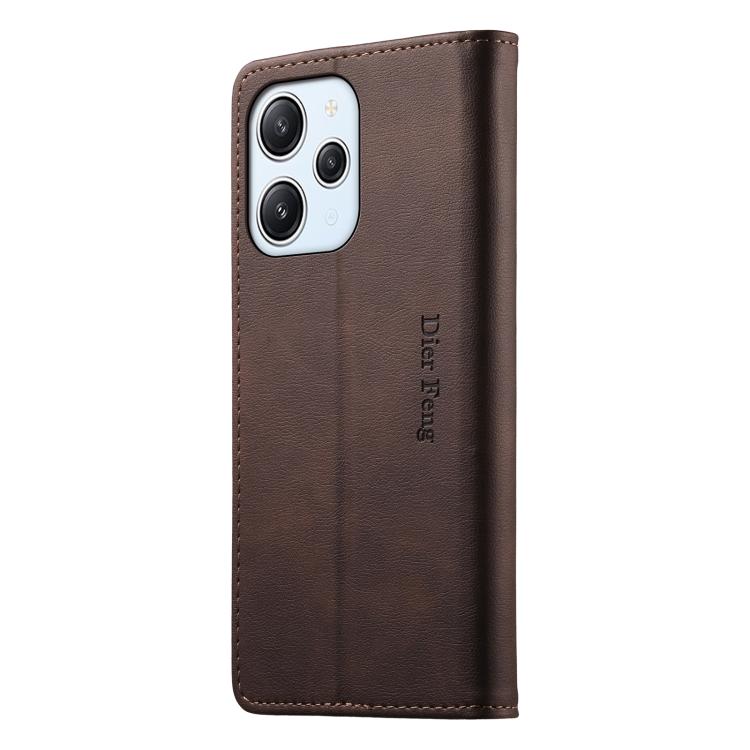 For Redmi 12 / Note 12R / Poco M6 Pro 5G Dierfeng Metal Snap Magnetic RFID Vegan Leather Phone Case