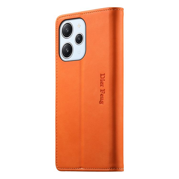 For Redmi 12 / Note 12R / Poco M6 Pro 5G Dierfeng Metal Snap Magnetic RFID Vegan Leather Phone Case