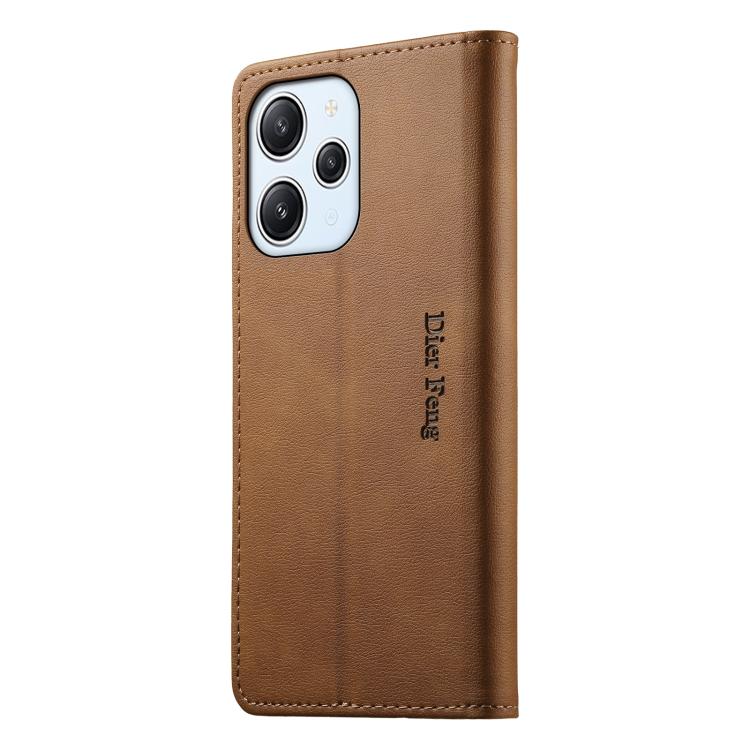 For Redmi 12 / Note 12R / Poco M6 Pro 5G Dierfeng Metal Snap Magnetic RFID Vegan Leather Phone Case