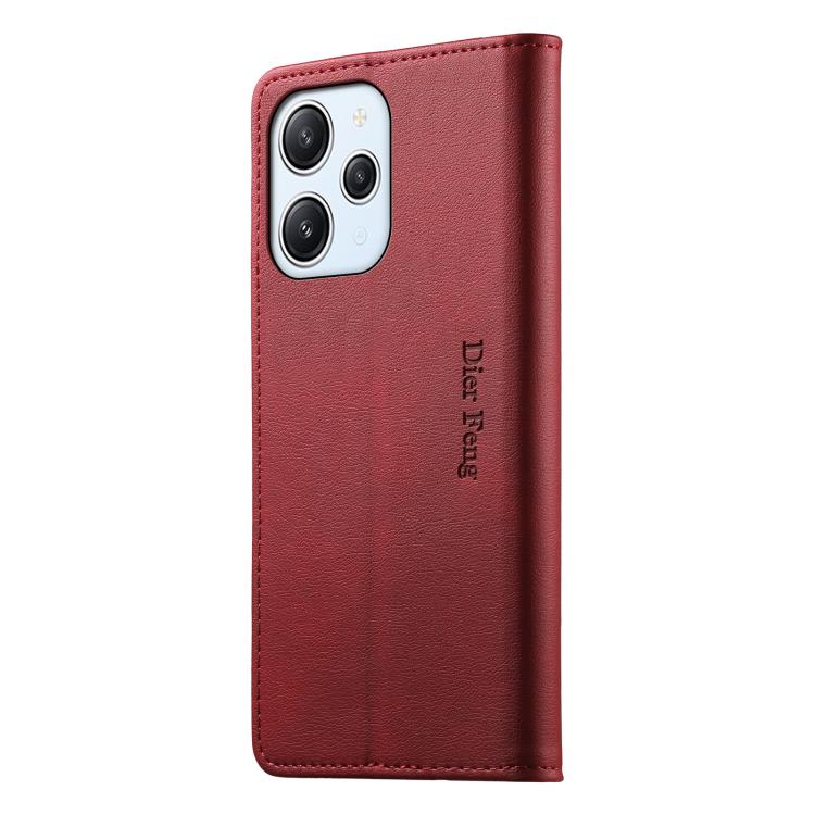 For Redmi 12 / Note 12R / Poco M6 Pro 5G Dierfeng Metal Snap Magnetic RFID Vegan Leather Phone Case