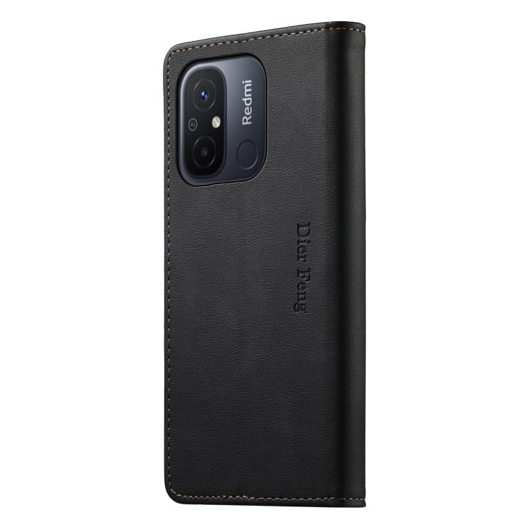 For Redmi 12C / 11A / Poco C55 Dierfeng Metal Snap Magnetic RFID Vegan Leather Phone Case
