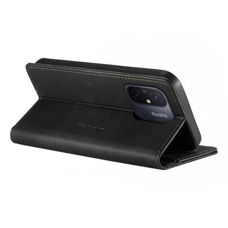 For Redmi 12C / 11A / Poco C55 Dierfeng Metal Snap Magnetic RFID Vegan Leather Phone Case