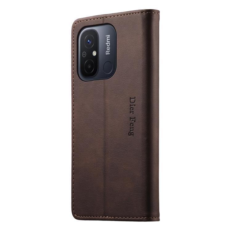 For Redmi 12C / 11A / Poco C55 Dierfeng Metal Snap Magnetic RFID Vegan Leather Phone Case