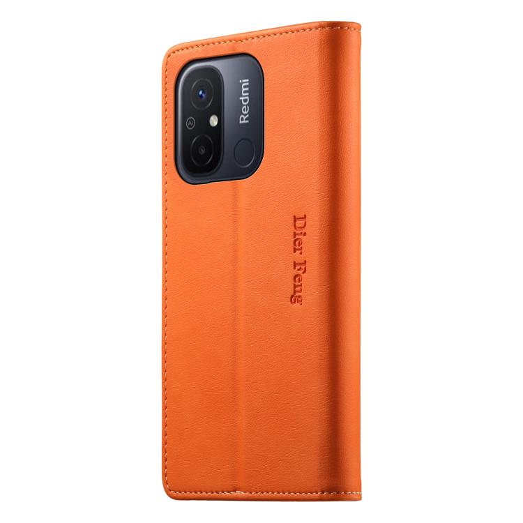 For Redmi 12C / 11A / Poco C55 Dierfeng Metal Snap Magnetic RFID Vegan Leather Phone Case