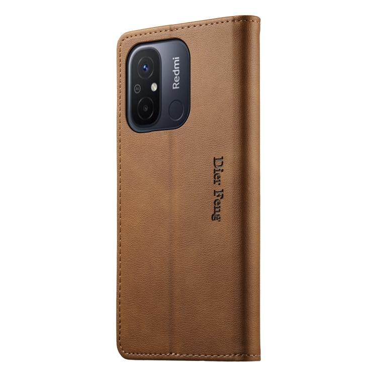 For Redmi 12C / 11A / Poco C55 Dierfeng Metal Snap Magnetic RFID Vegan Leather Phone Case