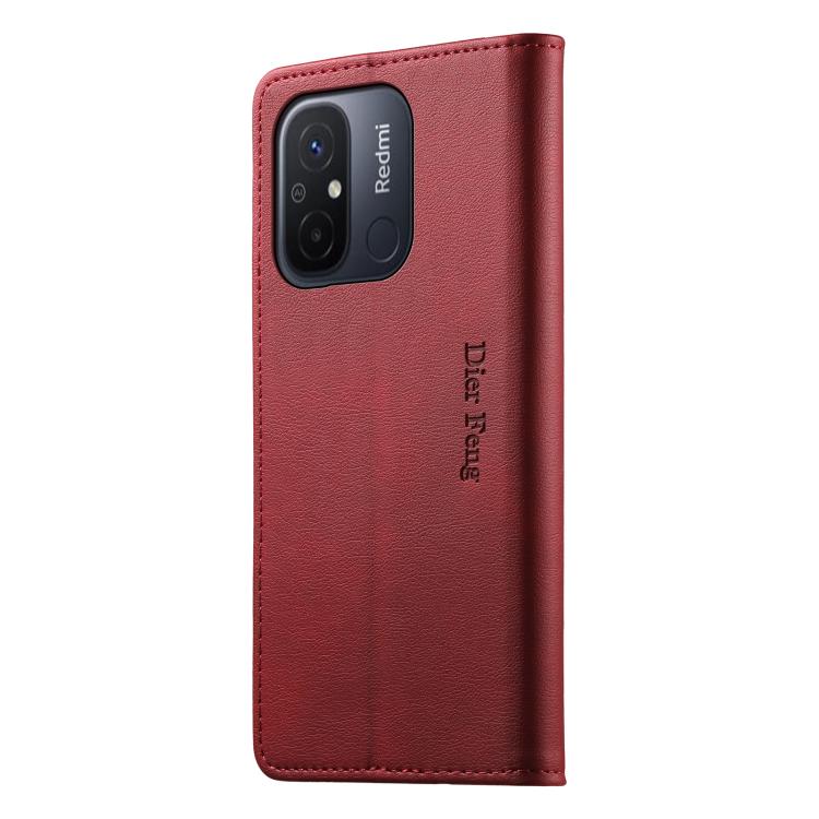 For Redmi 12C / 11A / Poco C55 Dierfeng Metal Snap Magnetic RFID Vegan Leather Phone Case