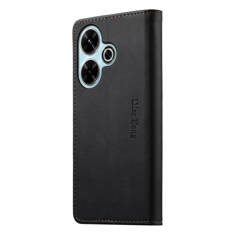 For Redmi 13 / Note 13R / Poco M6 4G Dierfeng Metal Snap Magnetic RFID Vegan Leather Phone Case
