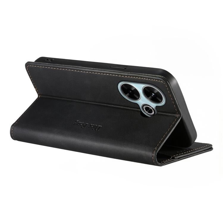 For Redmi 13 / Note 13R / Poco M6 4G Dierfeng Metal Snap Magnetic RFID Vegan Leather Phone Case