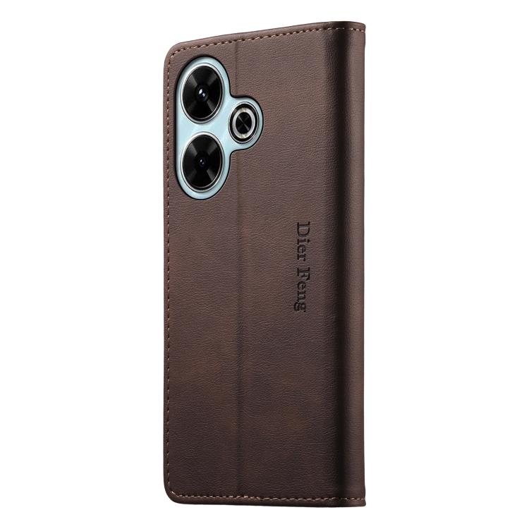 For Redmi 13 / Note 13R / Poco M6 4G Dierfeng Metal Snap Magnetic RFID Vegan Leather Phone Case