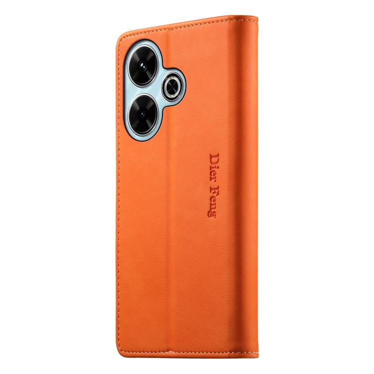For Redmi 13 / Note 13R / Poco M6 4G Dierfeng Metal Snap Magnetic RFID Vegan Leather Phone Case
